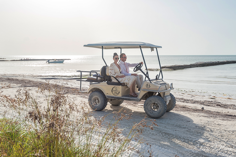 couple wedding driving golf cart Holbox