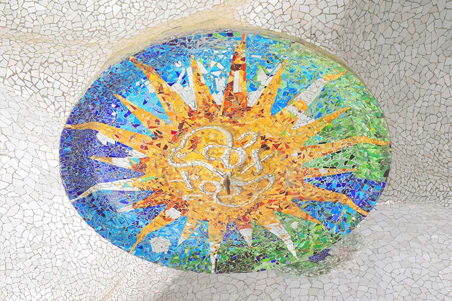 Barcelona-Park-Guell-of-Gaudi-mosaic-in-the-Hundred-Columns-Chamber