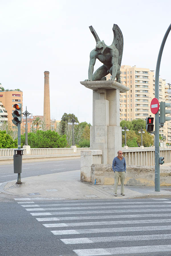 Bronze-Winged-Gargoyle Sculpture-on-Pont del Regne. Valencia-Spain