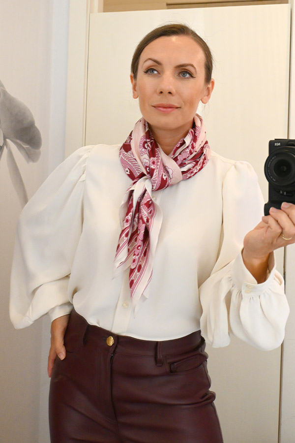 Petite-Lace-Collar-Blouson Sleeve-Shirt-with-silk-scarf-ann-taylor