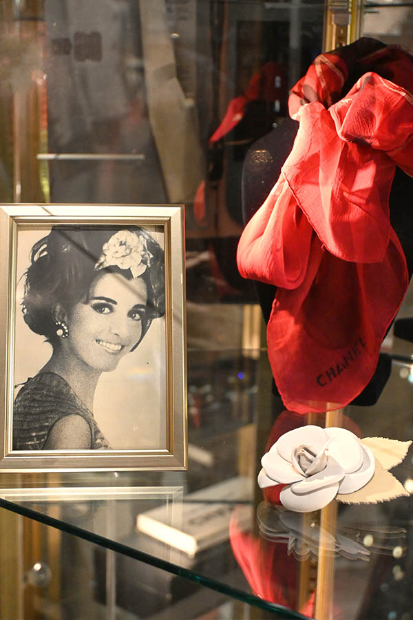 glass-display-case-is-shown-with-a-framed-black-and-white-photo-of-a-woman-and-a-red-Chanel-scarf-and-a-white-flower-brooch-in-the-foreground