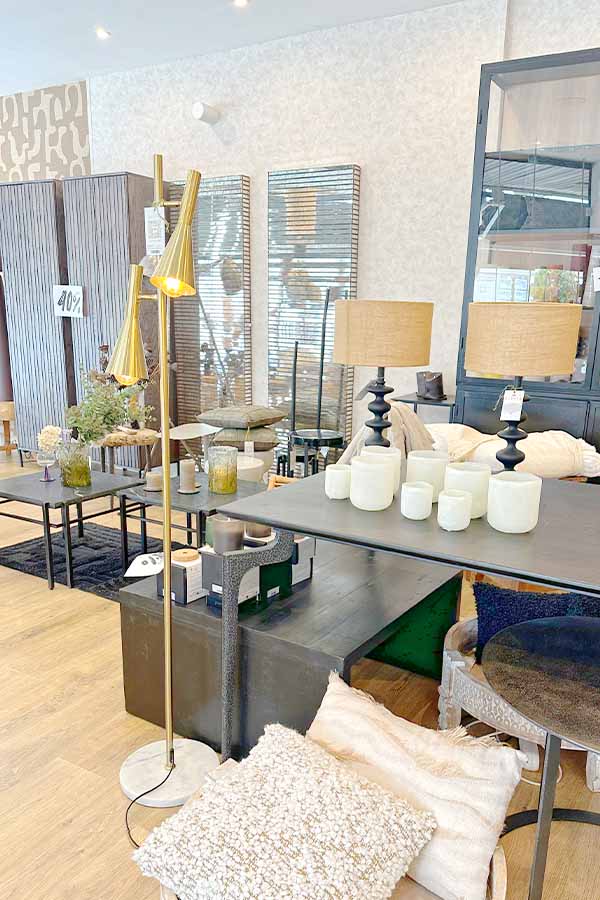 Modern-interior-design-showroom-featuring-a-tall-golden-floor-lamp-with-two-conical-shades