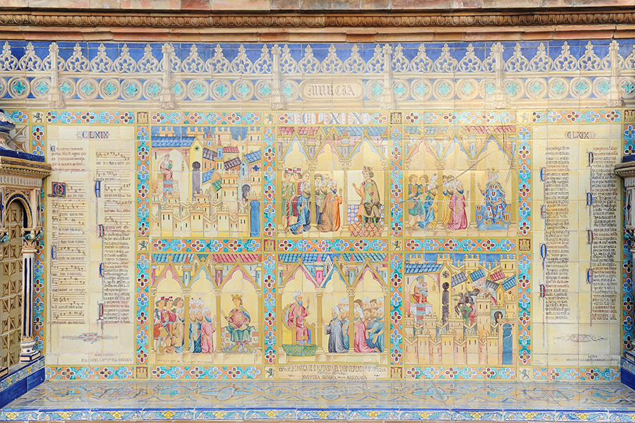 Intricate-ceramic-tile-mural-depicting-historical-scenes-and-religious-figures-with-ornate-borders