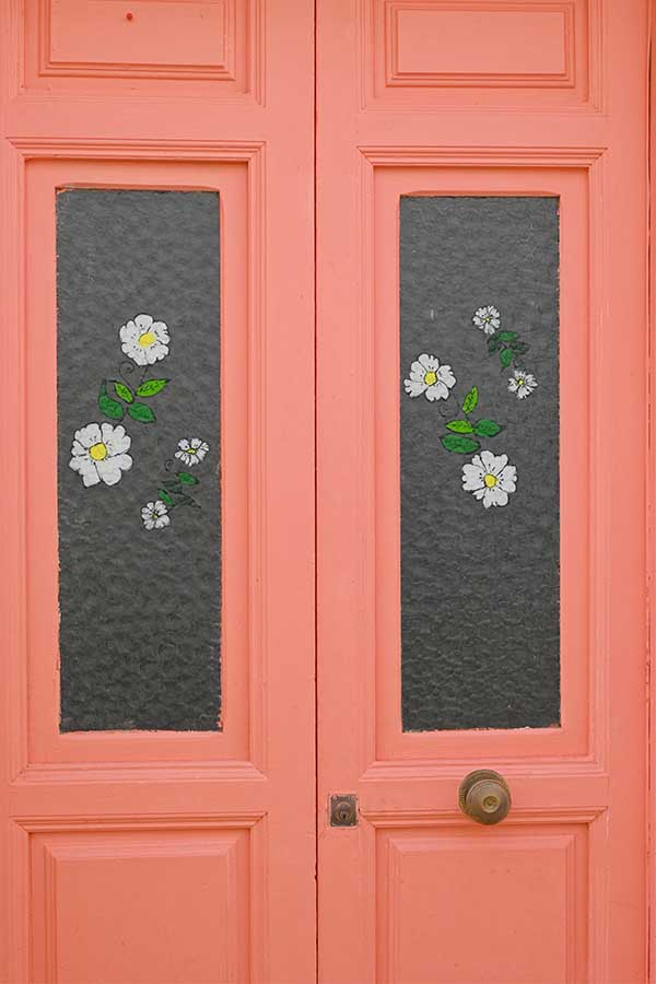 Peach-colored-double-doors-featuring-dark-textured-panels-with-delicate-white-and-yellow-flower-illustrations-estepona