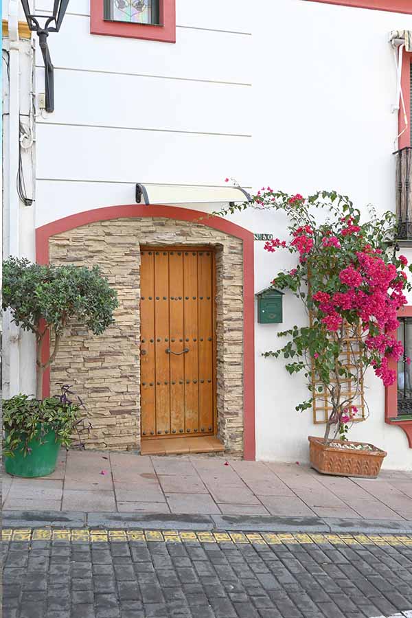 Rustic-wooden-door-framed-by-stacked-stone-beside-vibrant-pink-bougainvillea