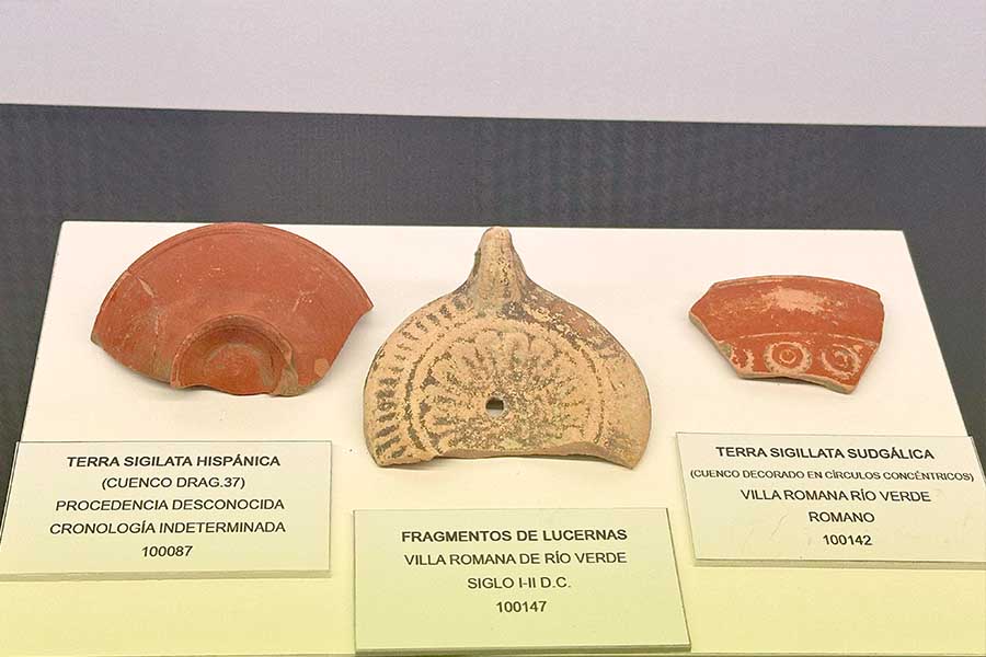Three-pottery-shards-displayed-in-a-museum-case