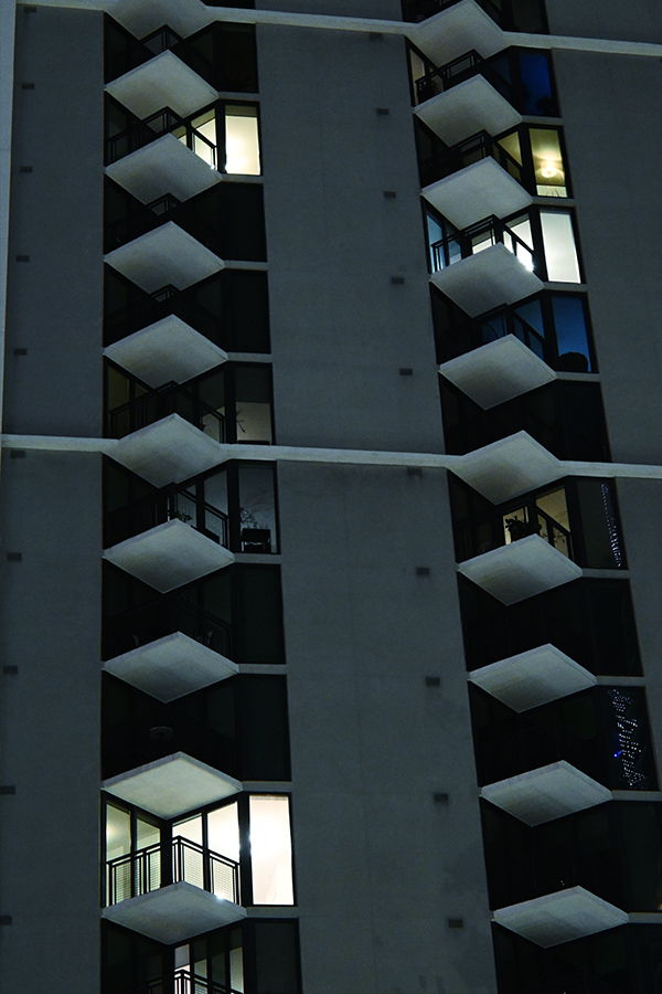 Close-up-geometric-detail-of-zigzagging-white-balconies-typical-of-contemporary-Miami-architecture