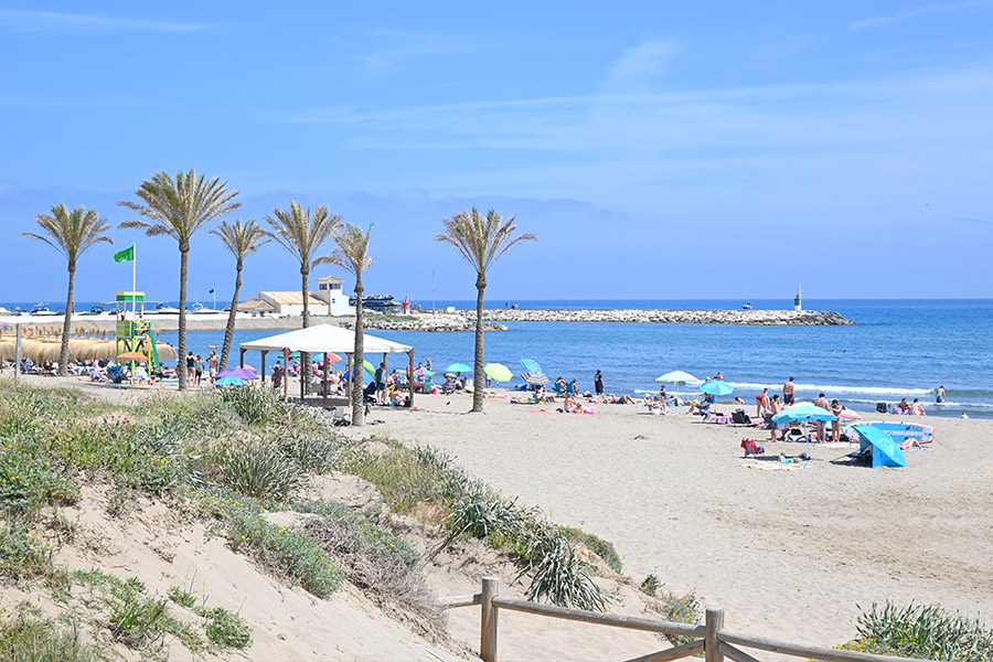 Palm-trees-and-beach-tents-near-a-stone-jetty-Spain-beaches-Playa-Cabopino
