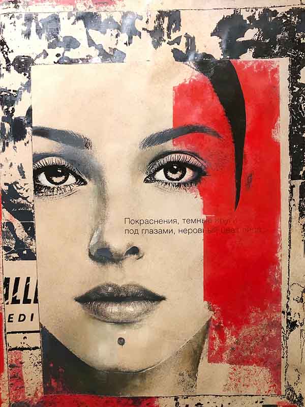 contemporary-art-mixed-media-art-close-up-female-face-portrait-with-red-block-paint-and-printed-text-overlay