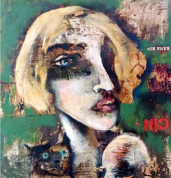 contemporary-art-mixed-media-art-expressive-portrait-of-a-blonde-woman-with-newspaper-collage-textures-and-a-cat