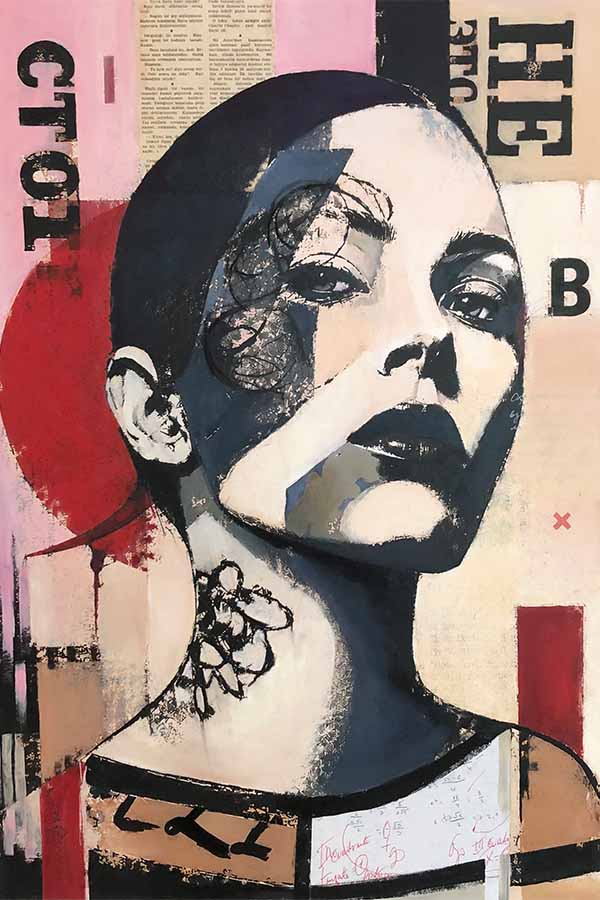 contemporary-art-mixed-media-art-graphic-portrait-of-a-woman-with-typography-red-circle-and-newspaper-collage-background