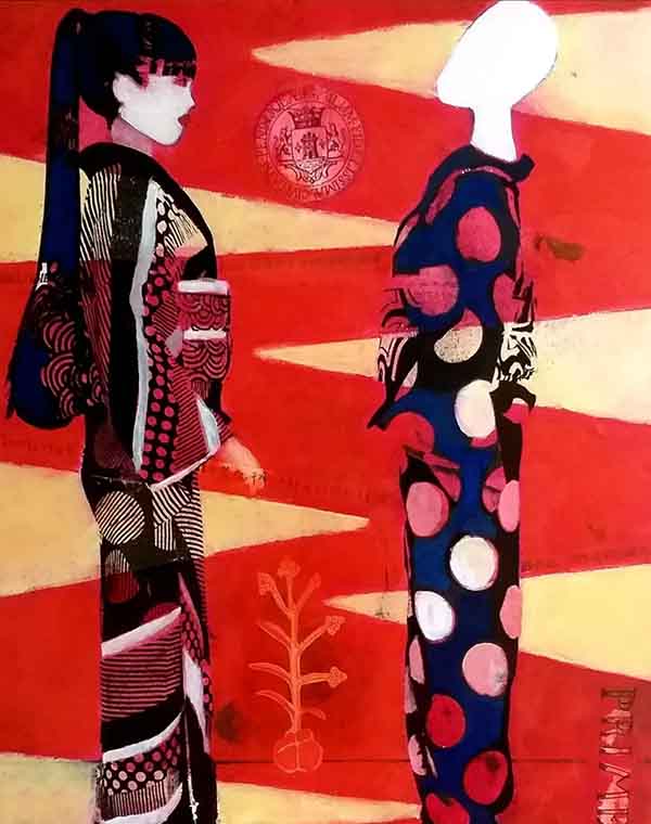 contemporary-art-mixed-media-art-japanese-geisha-figures-in-patterned-kimonos-against-a-red-and-cream-geometric-background