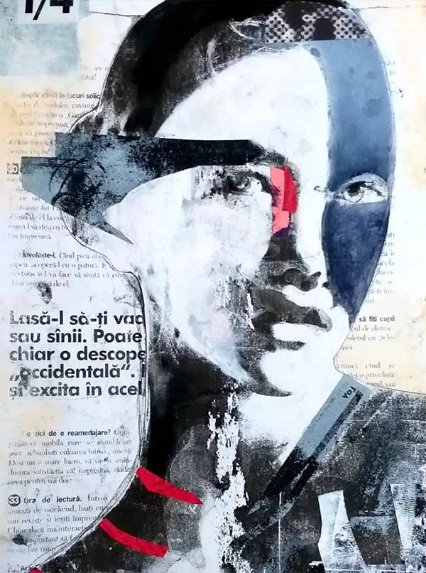 contemporary-art-mixed-media-art-monochrome-monoprint-portrait-of-a-face-layered-over-printed-newspaper-text-with-red-accents