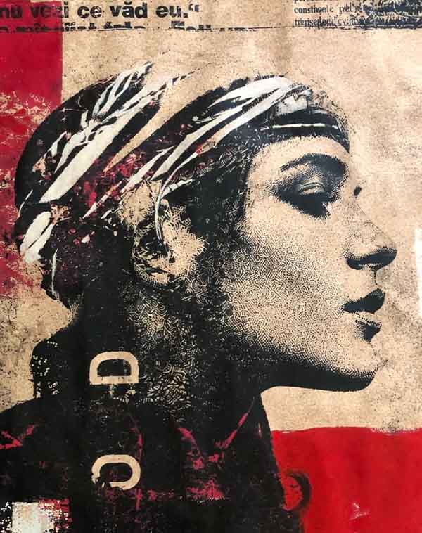 contemporary-art-mixed-media-art-profile-portrait-of-a-woman-wearing-a-headscarf-with-printmaking-and-textual-elements