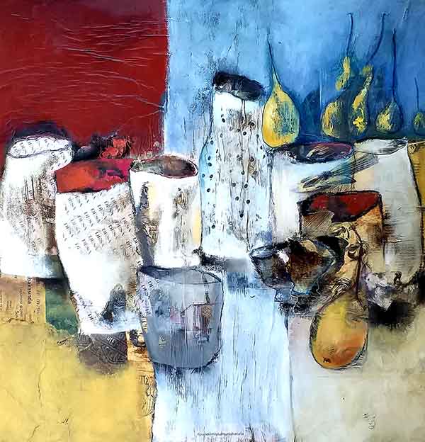 contemporary-art-mixed-media-art-still-life-composition-featuring-bottles-pears-and-collage-elements-in-red-blue-and-yellow-tones