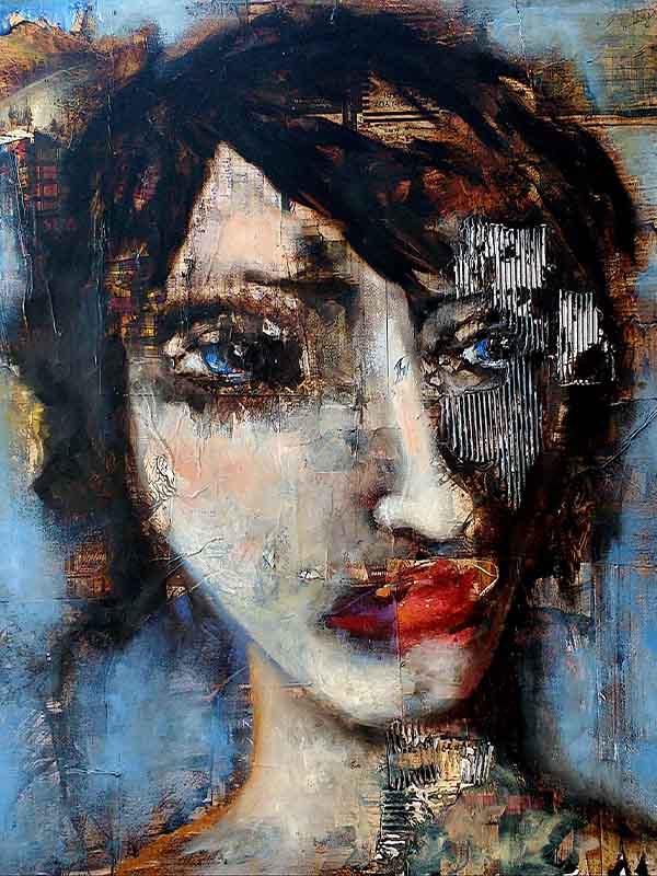 contemporary-art-mixed-media-art-textured-portrait-painting-of-a-woman-with-dark-hair-blue-eyes-and-bold-red-lips
