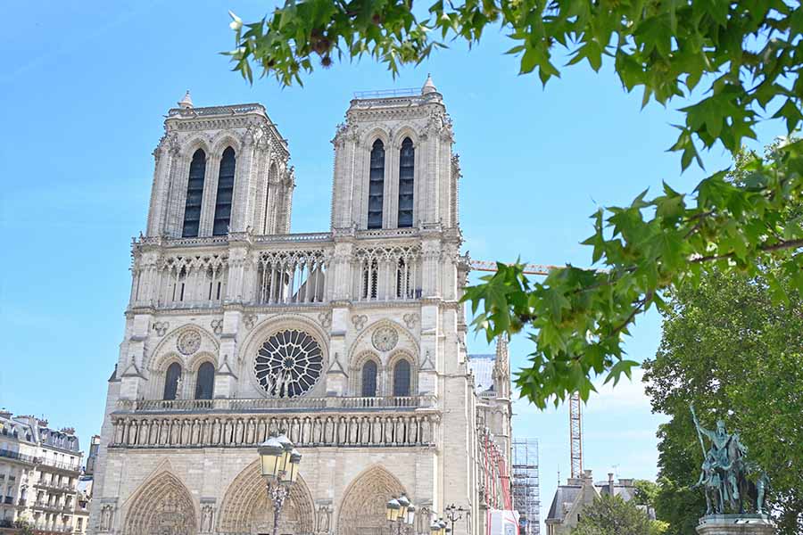 paris-france-scenic-view-of-the-notre-dame-cathedral-framed-by-green-tree-leaves