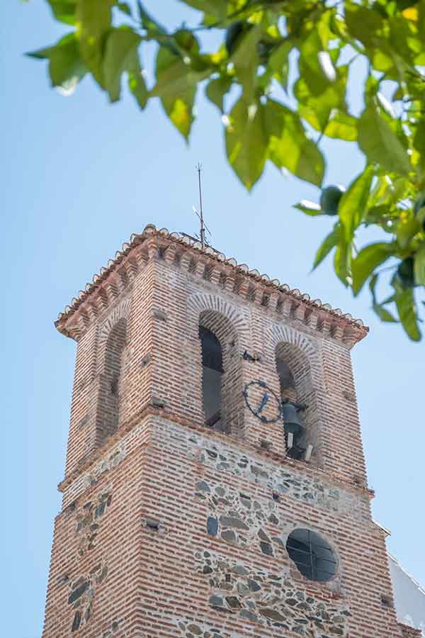 brick-church-bell-tower-orange-tree-Almachar-Spain-white-villages-Andalusia